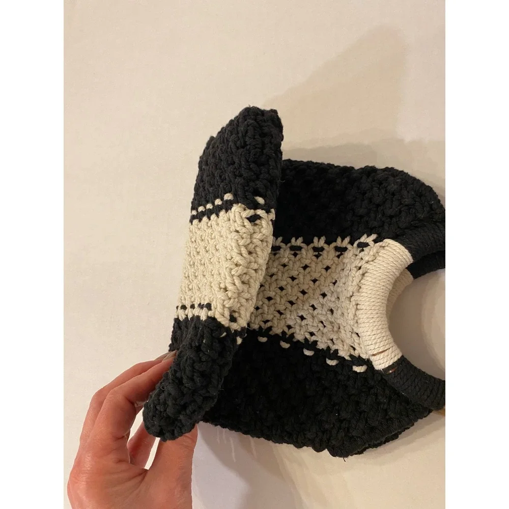 LAUDE‎ the Label Black Cream Mini Macrame Cotton Bag with Wooden Ring Handles